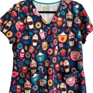 Medcouture Scrub Top Java Coffee Latte Donut Size L